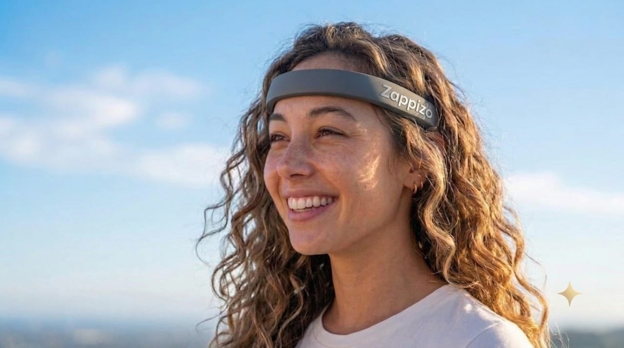 Smiling woman wearing the ZAPPIZO neuromodulation headband outdoors