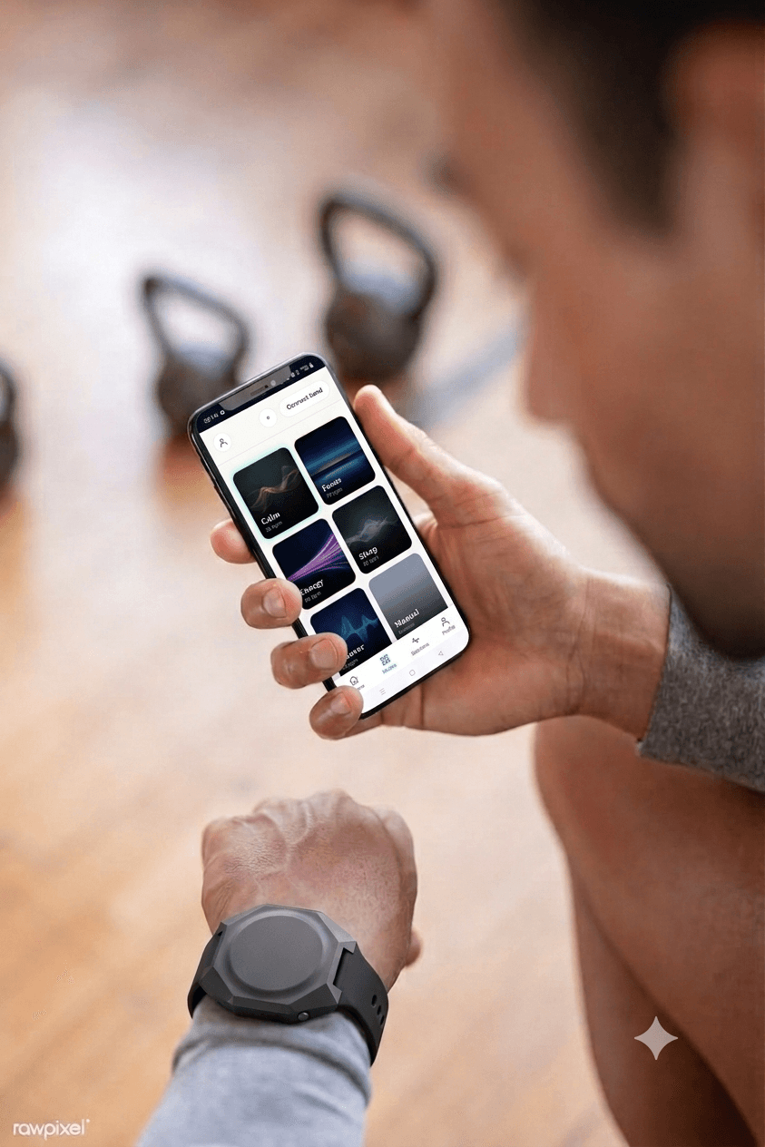 Crouching in a gym and picking a mode on the ZAPPIZO app, with the wristband on the other wrist