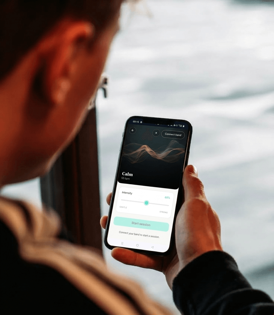 Holding a phone on the Calm session screen, with the waveform visualizer and intensity slider at 65%