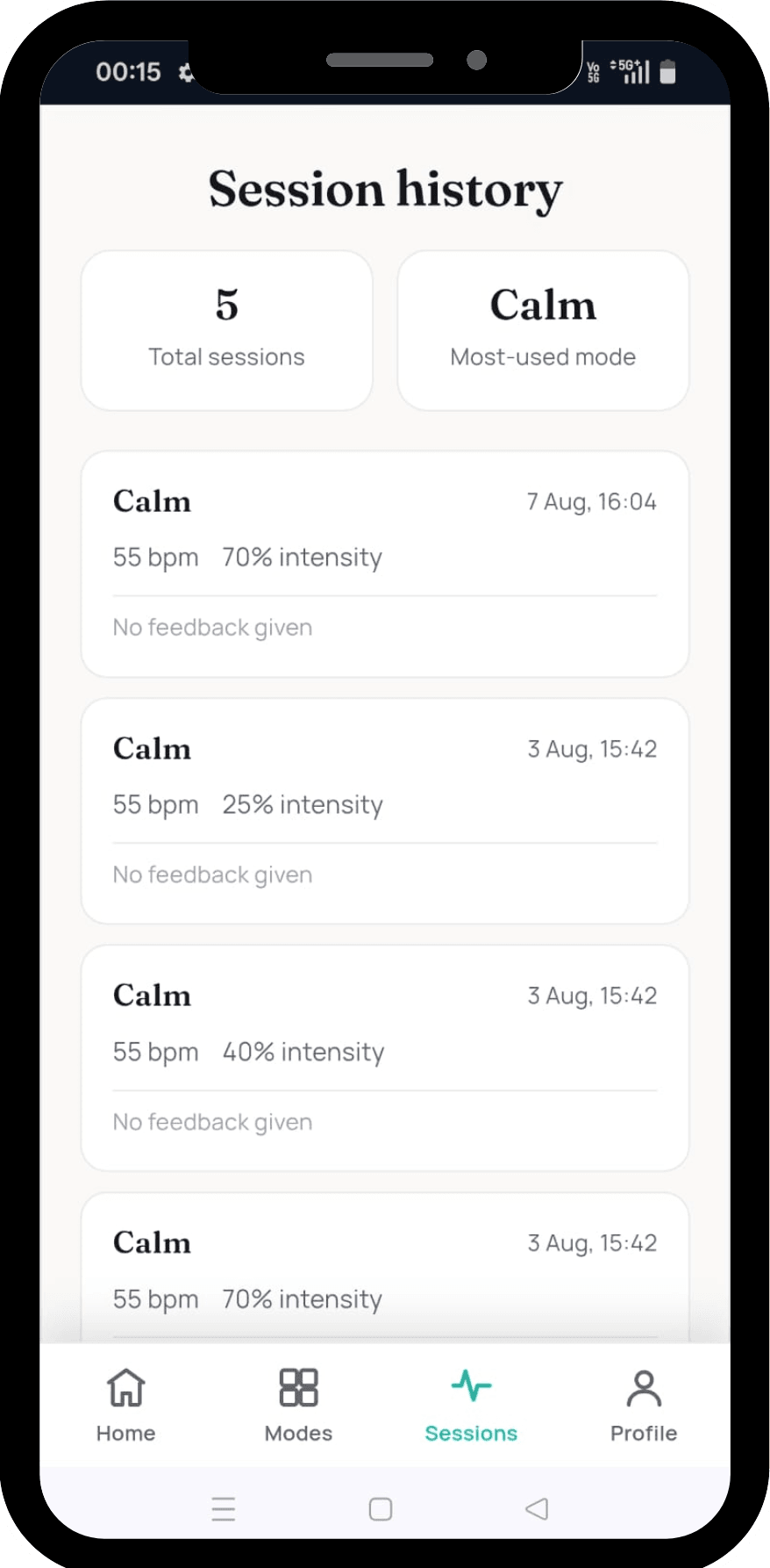 Phone showing ZAPPIZO's session history — total sessions, most-used mode, and a list of past sessions