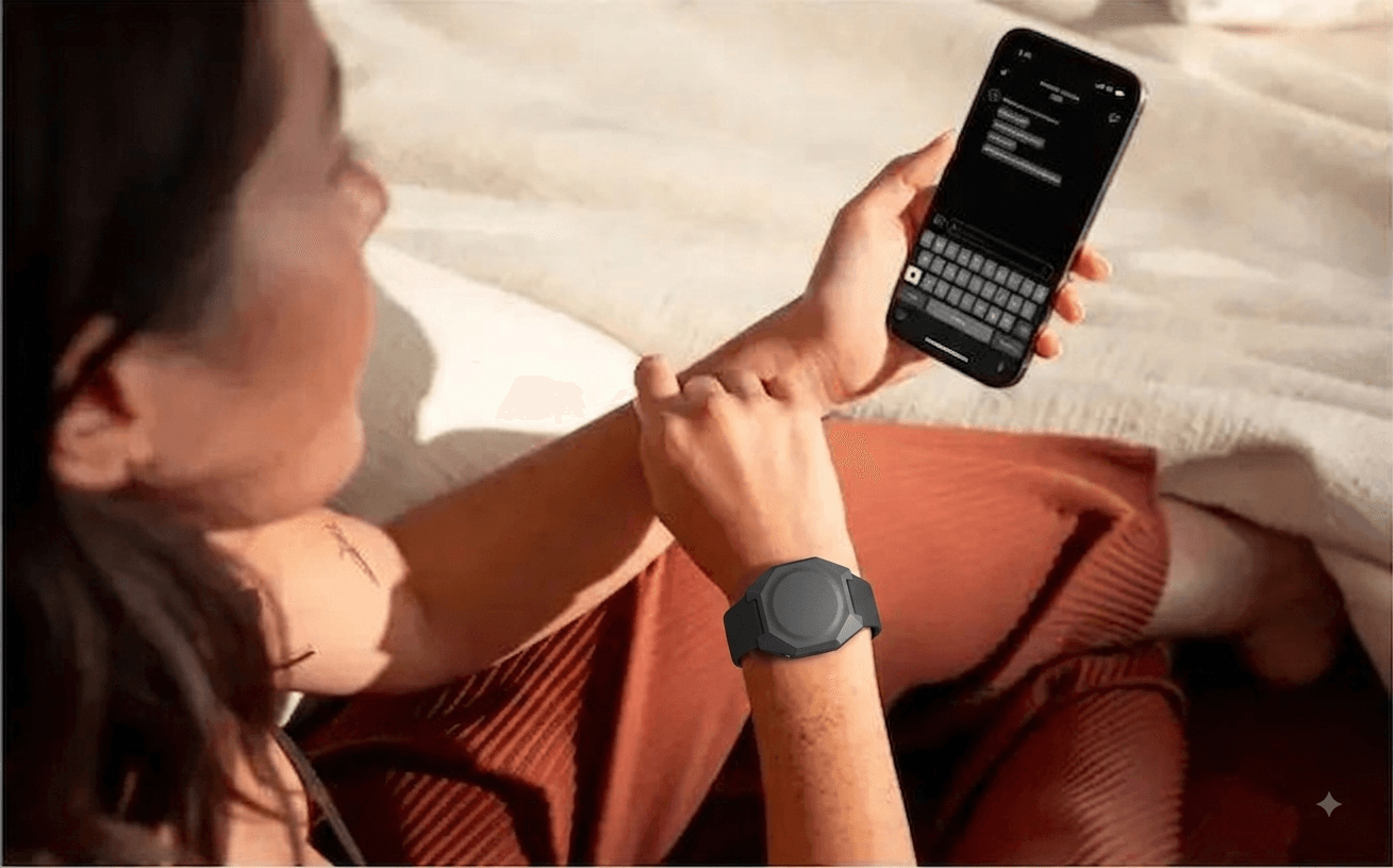 Checking the ZAPPIZO companion app while wearing the wristband